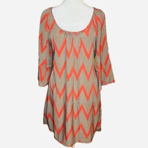 GLAM Orange & Teal Chevron Print Bell Sleeve Tunic Dress Size S